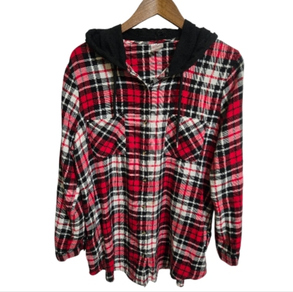 No Boundaries Plaid Hooded Button Front Shirt Size XL NWOT
